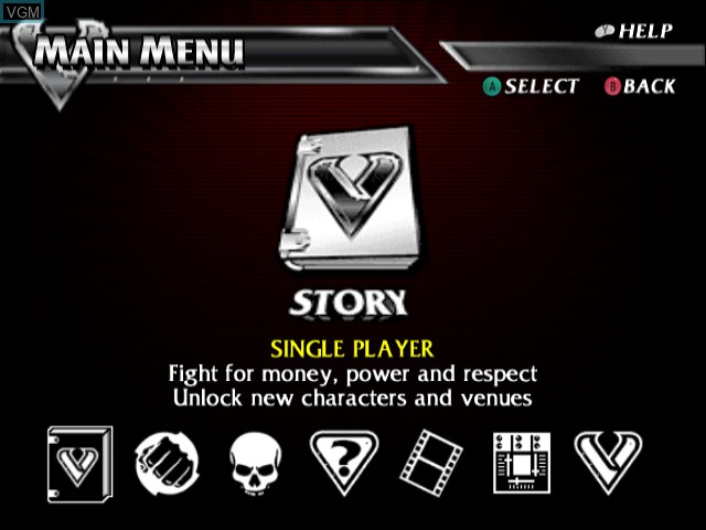 Menu screen of the game Def Jam Vendetta on Nintendo GameCube