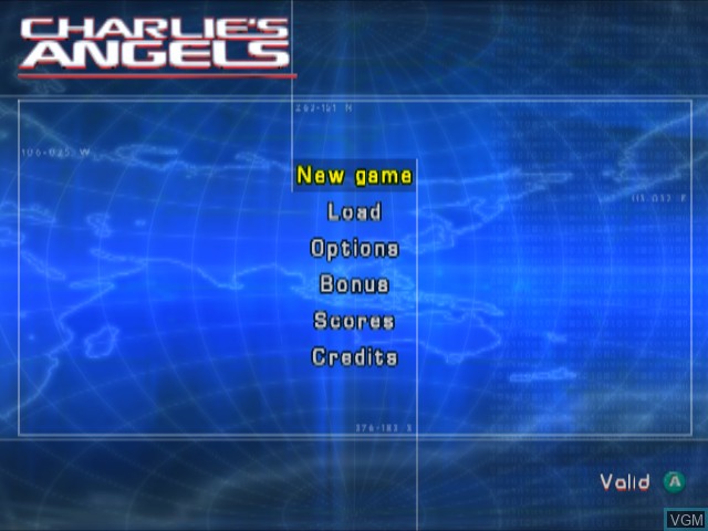 Menu screen of the game Charlie's Angels on Nintendo GameCube