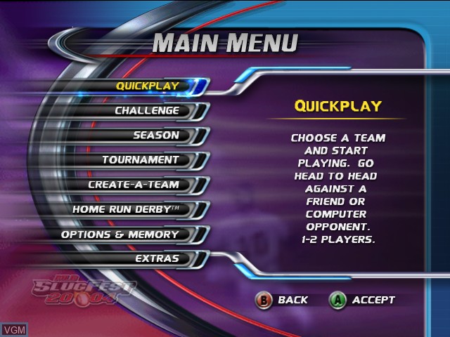 Menu screen of the game MLB Slugfest 20-04 on Nintendo GameCube