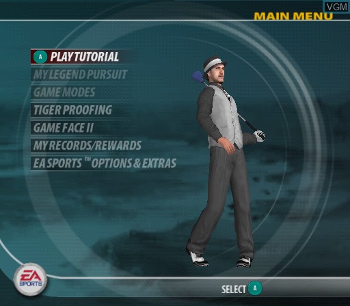 Menu screen of the game Tiger Woods PGA Tour 2005 on Nintendo GameCube