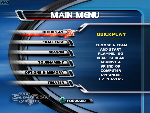 Menu screen of the game MLB Slugfest 20-03 on Nintendo GameCube