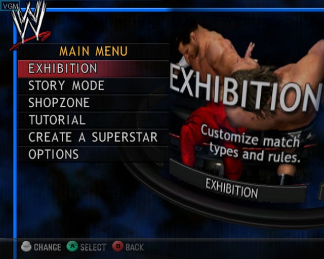 Menu screen of the game WWE Day of Reckoning on Nintendo GameCube