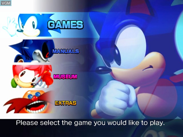Menu screen of the game Sonic Gems Collection on Nintendo GameCube