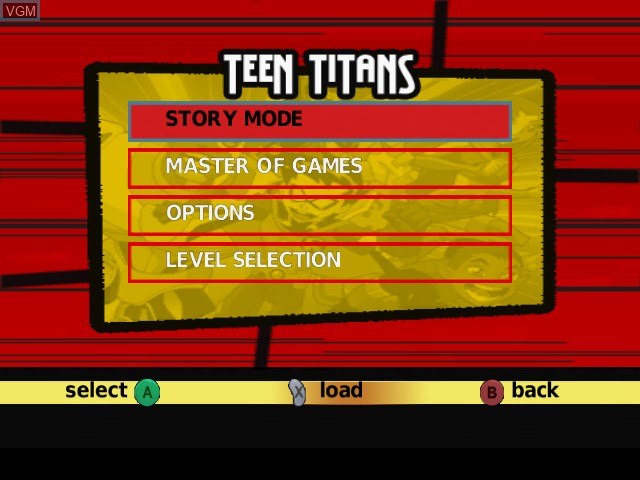 Menu screen of the game Teen Titans on Nintendo GameCube