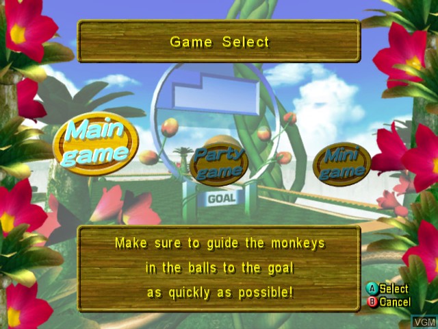 Menu screen of the game Super Monkey Ball on Nintendo GameCube