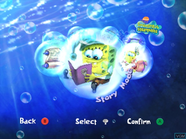Menu screen of the game SpongeBob SquarePants - Creature from the Krusty Krab on Nintendo GameCube