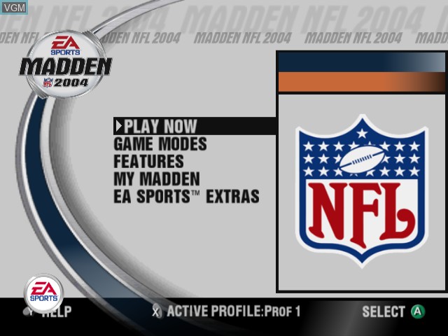 Menu screen of the game Madden NFL 2004 on Nintendo GameCube