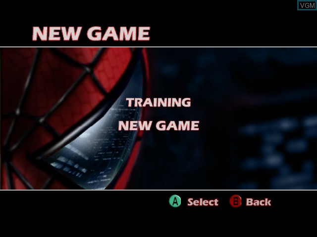 Menu screen of the game Spider-Man - The Movie on Nintendo GameCube