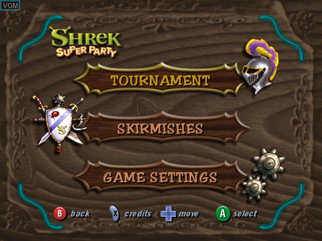 Menu screen of the game Shrek - Super Party on Nintendo GameCube
