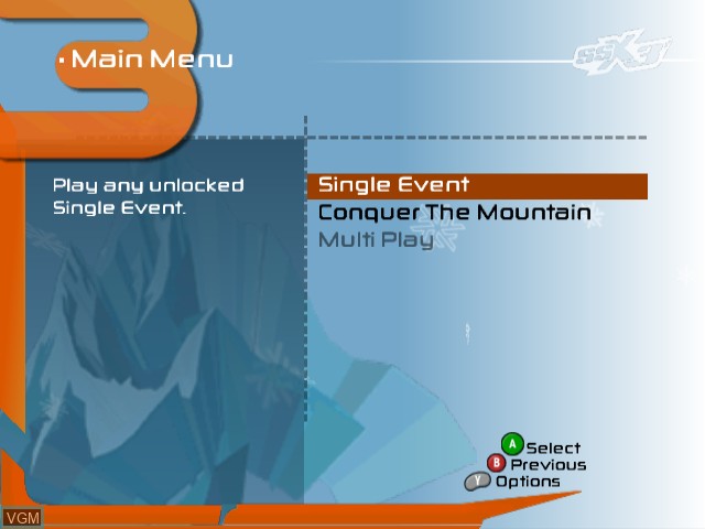 Menu screen of the game SSX 3 on Nintendo GameCube