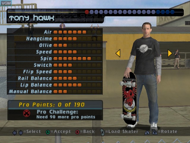 Menu screen of the game Tony Hawk's Pro Skater 4 on Nintendo GameCube