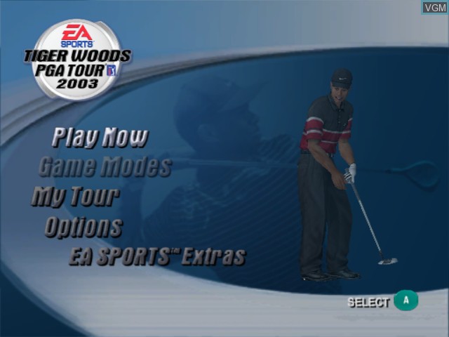 Menu screen of the game Tiger Woods PGA Tour 2003 on Nintendo GameCube