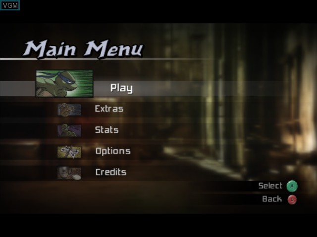 Menu screen of the game TMNT on Nintendo GameCube