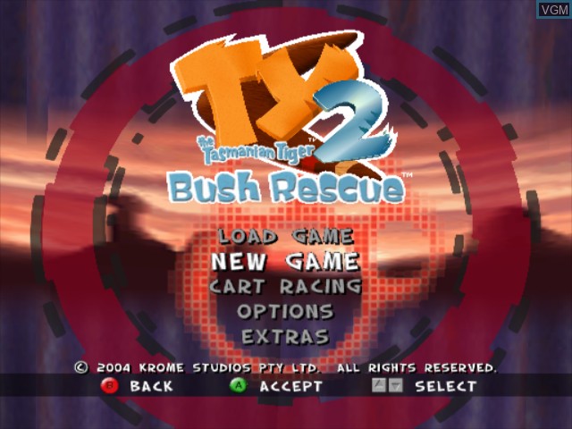 Menu screen of the game Ty the Tasmanian Tiger 2 - Bush Rescue on Nintendo GameCube