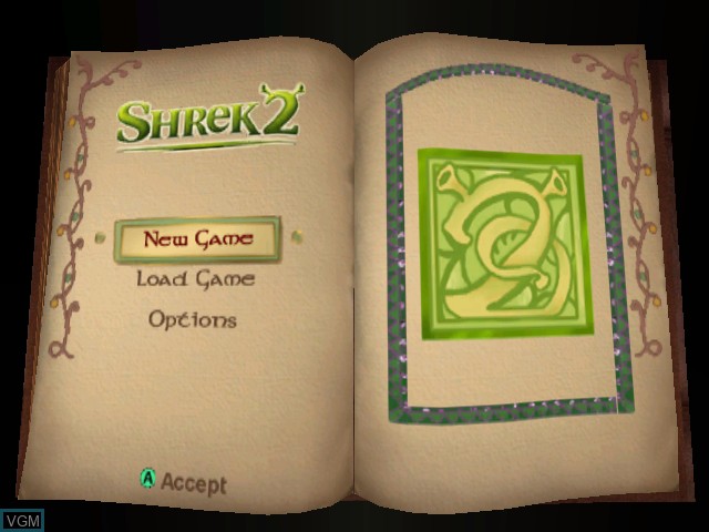 Menu screen of the game Shrek 2 on Nintendo GameCube