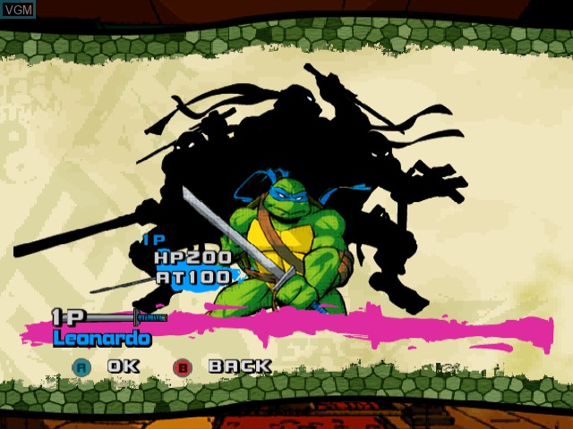 Menu screen of the game Teenage Mutant Ninja Turtles 3 - Mutant Nightmare on Nintendo GameCube