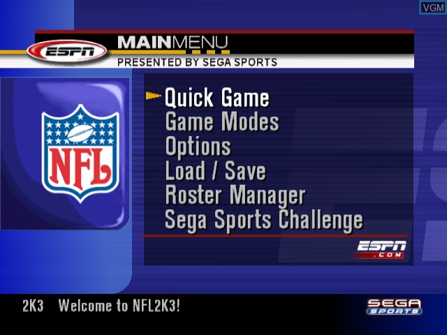 Menu screen of the game NFL 2K3 on Nintendo GameCube