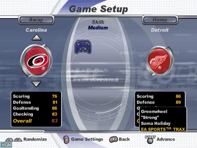 Menu screen of the game NHL 2003 on Nintendo GameCube