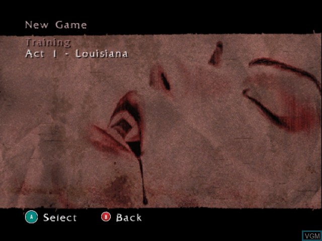 Menu screen of the game BloodRayne on Nintendo GameCube
