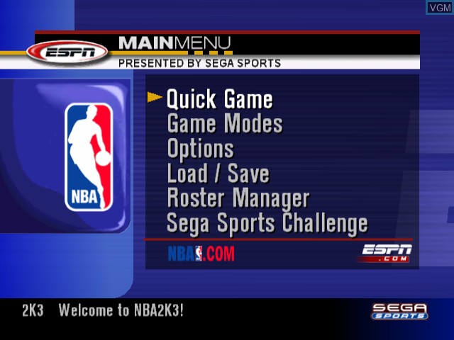 Menu screen of the game NBA 2K3 on Nintendo GameCube