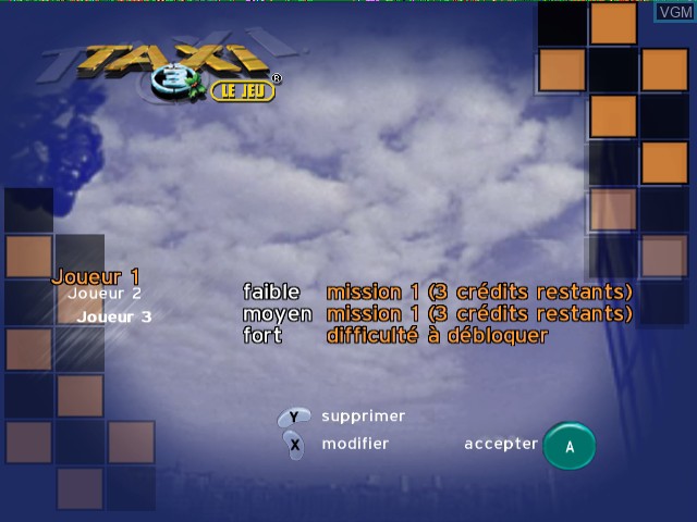 Menu screen of the game Taxi 3 - Le Jeu on Nintendo GameCube
