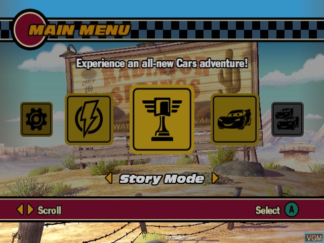 Menu screen of the game Cars on Nintendo GameCube