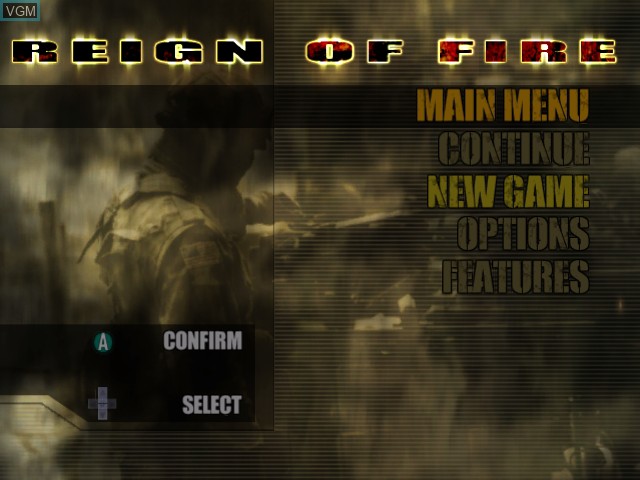 Menu screen of the game Reign of Fire on Nintendo GameCube
