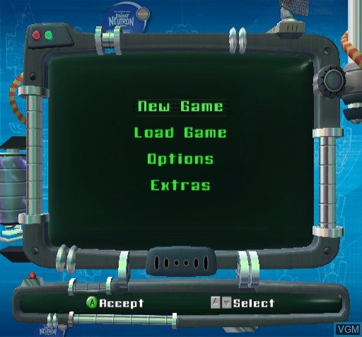 Menu screen of the game Jimmy Neutron - Jet Fusion on Nintendo GameCube