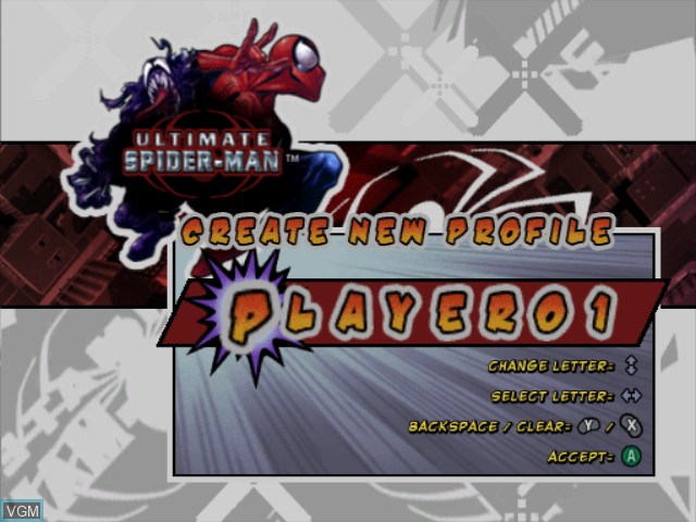 Menu screen of the game Ultimate Spider-Man on Nintendo GameCube