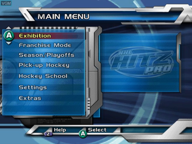 Menu screen of the game NHL Hitz Pro on Nintendo GameCube