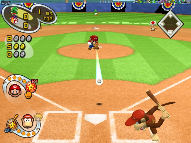 In-game screen of the game Mario Superstar Baseball on Nintendo GameCube