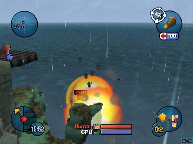 In-game screen of the game Worms 3D on Nintendo GameCube