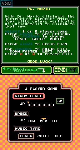 Menu screen of the game PlayChoice-10 - Dr. Mario on MAME