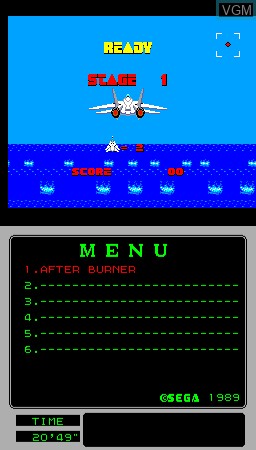 Menu screen of the game MegaTech - After Burner on MAME