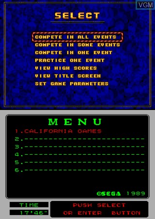 Menu screen of the game MegaTech - California Games on MAME
