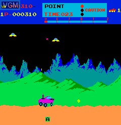 In-game screen of the game Moon Patrol on MAME