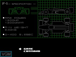 Menu screen of the game F-1 Spirit - The way to Formula-1 on Sega Master System