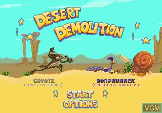 Title screen of the game Desert Demolition Starring Road Runner and Wile E. Coyote on Sega Megadrive