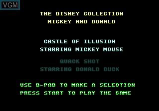 Title screen of the game Disney Collection, The - Castle of Illusion starring Mickey Mouse / QuackShot starring Donald Duck on Sega Megadrive