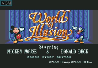 Title screen of the game World of Illusion Starring Mickey Mouse and Donald Duck on Sega Megadrive
