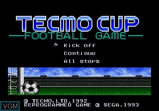 Title screen of the game Tecmo Cup Football Game on Sega Megadrive