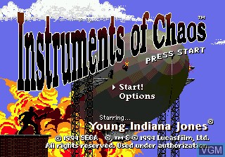 Title screen of the game Instruments of Chaos starring Young Indiana Jones on Sega Megadrive