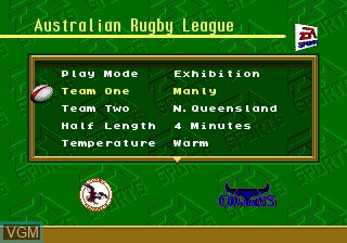Menu screen of the game Australian Rugby League on Sega Megadrive