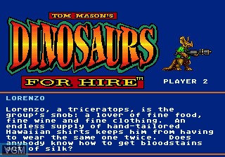 Menu screen of the game Tom Mason's Dinosaurs for Hire on Sega Megadrive