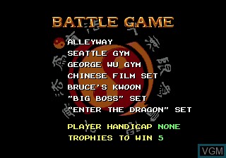 Menu screen of the game Dragon - The Bruce Lee Story on Sega Megadrive