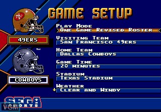 Menu screen of the game NFL '95 on Sega Megadrive