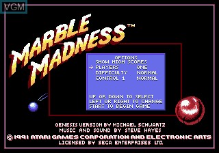 Menu screen of the game Marble Madness on Sega Megadrive