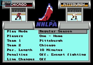 Menu screen of the game NHLPA Hockey 93 on Sega Megadrive