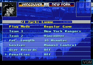 Menu screen of the game NHL 95 on Sega Megadrive