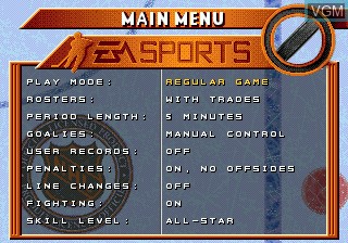 Menu screen of the game NHL 96 on Sega Megadrive